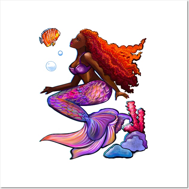 Beautiful Brown skin African American Mermaid. Black mermaid with flowing red hair. Afro locs. Great gift idea for mermaid lovers,Mermay,birthday gift for girls Wall Art by Artonmytee